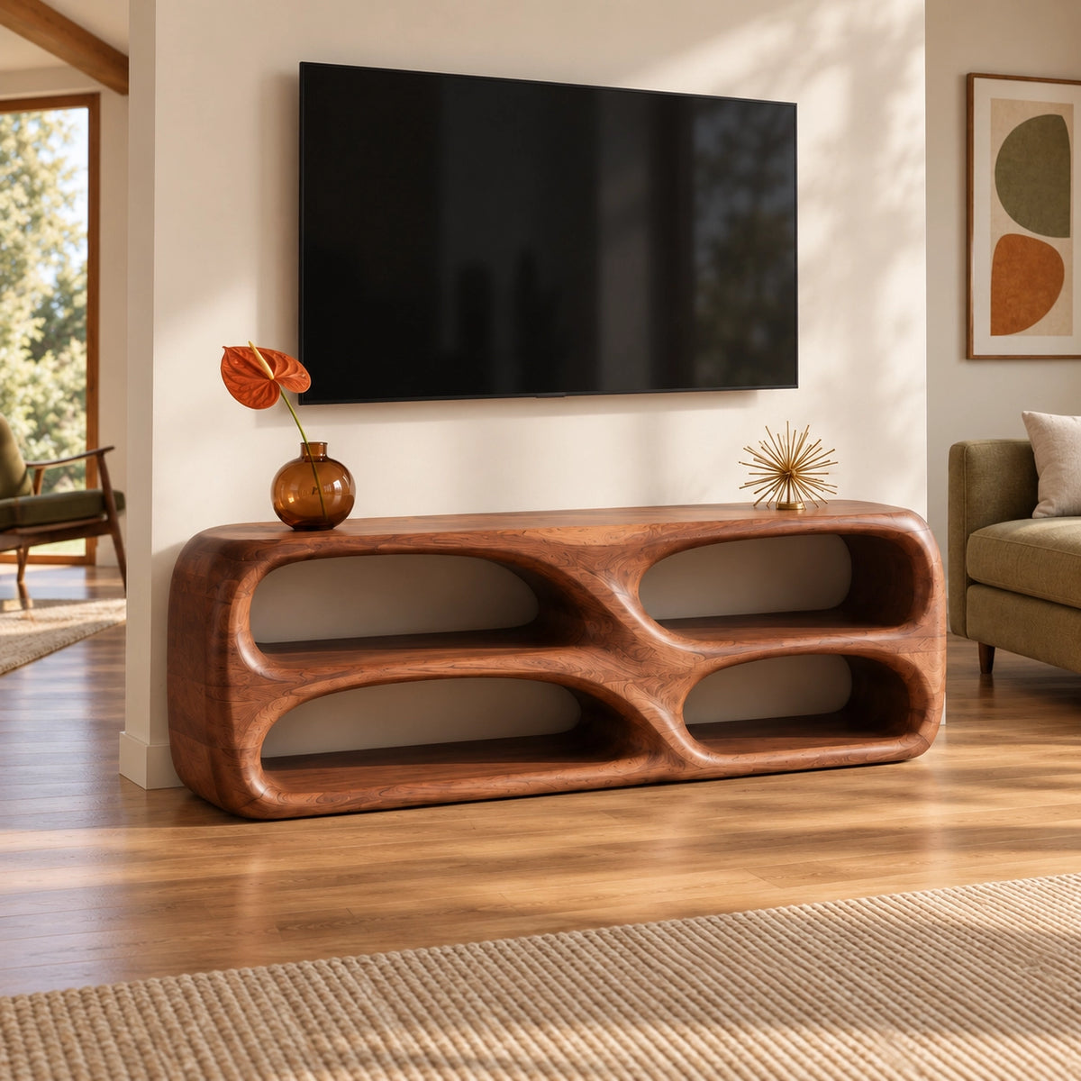TV Stand with Biomorphic Oval Openings in Natural Solid Wood for Living - Woodenecho - 1