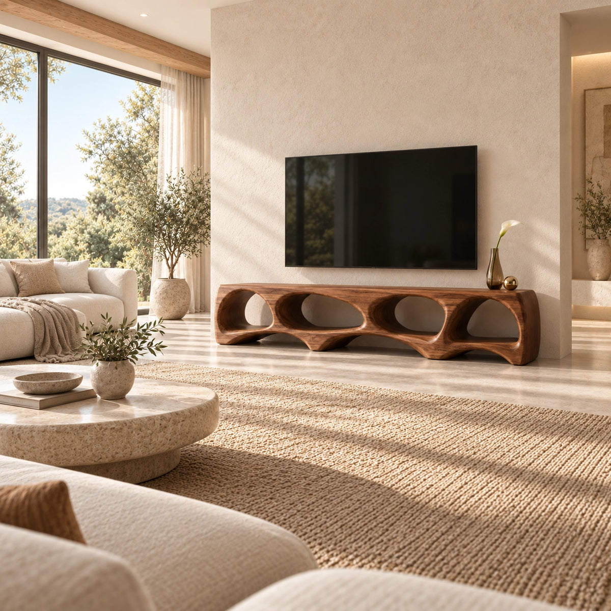 TV Stand with Biomorphic Oval Openings in Natural Solid Wood for Living - Woodenecho - 2