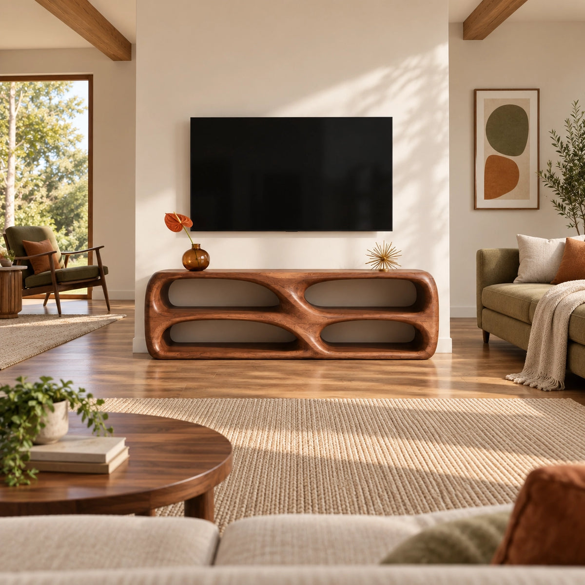 TV Stand with Biomorphic Oval Openings in Natural Solid Wood for Living - Woodenecho - 2