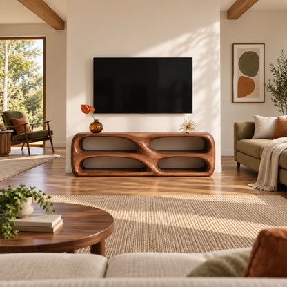 TV Stand with Biomorphic Oval Openings in Natural Solid Wood for Living - Woodenecho - 2