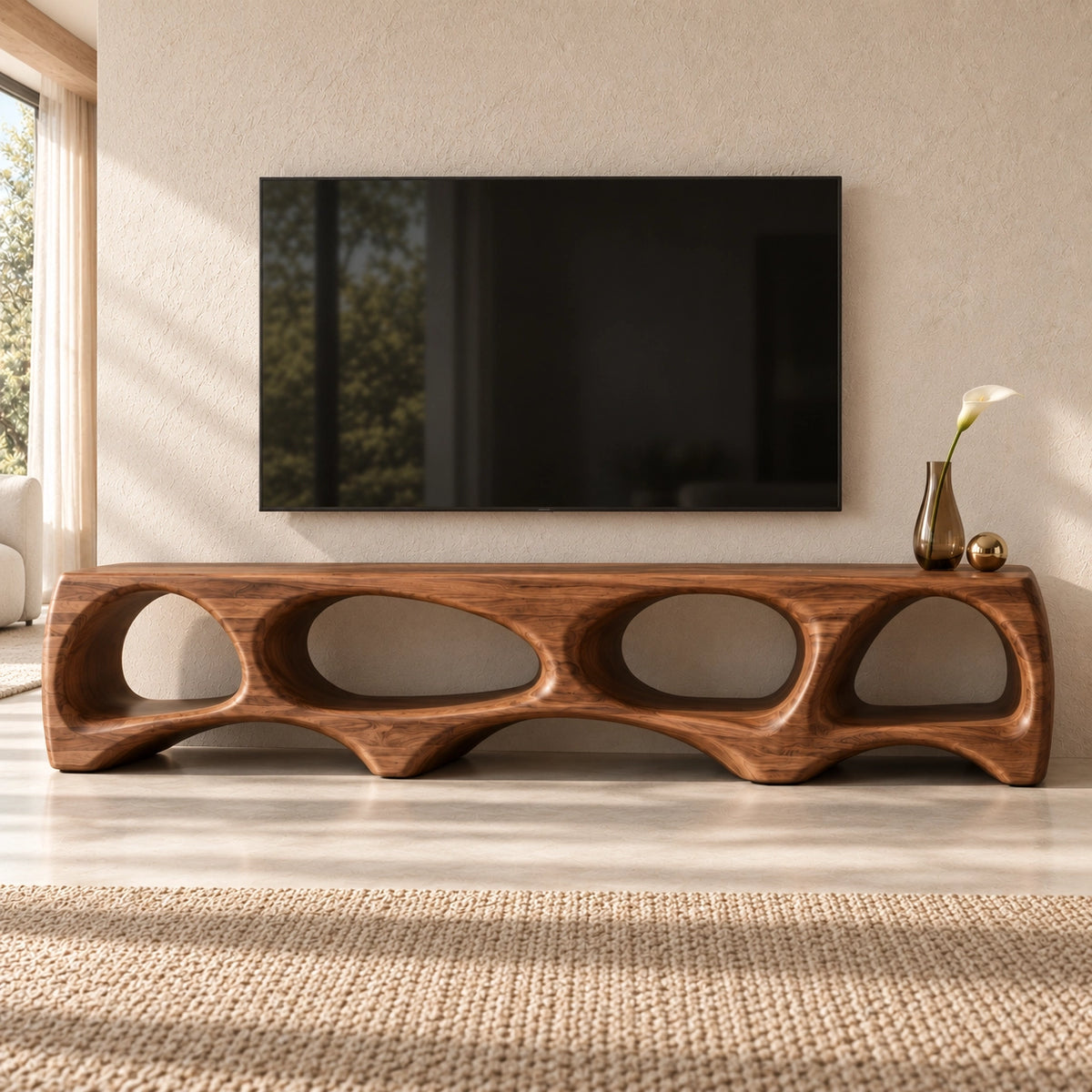TV Stand with Biomorphic Oval Openings in Natural Solid Wood for Living - Woodenecho - 3