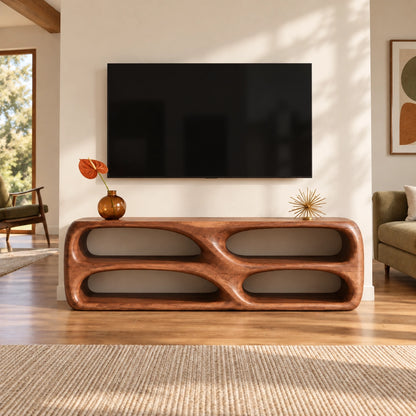 TV Stand with Biomorphic Oval Openings in Natural Solid Wood for Living - Woodenecho - 3
