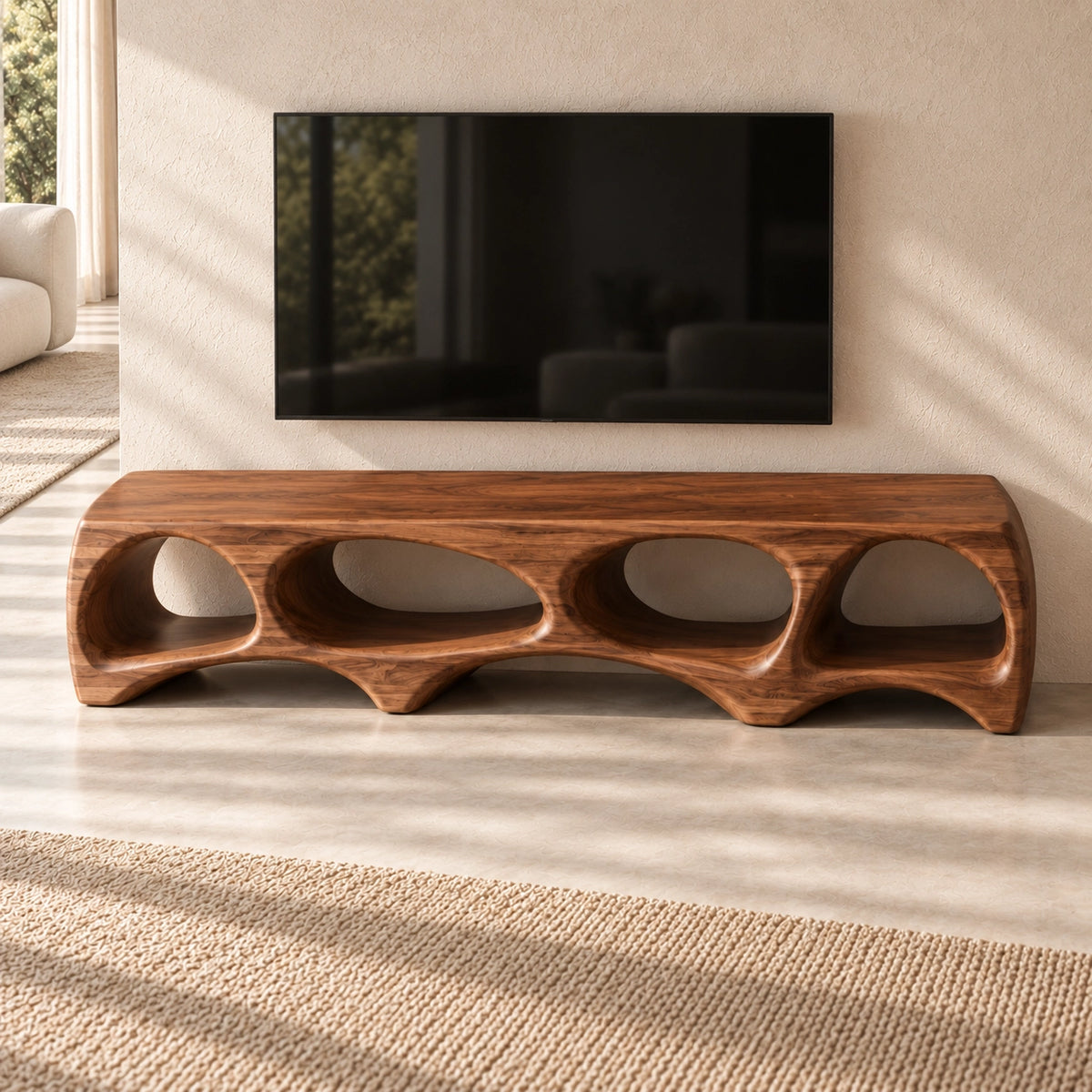 TV Stand with Biomorphic Oval Openings in Natural Solid Wood for Living - Woodenecho - 4