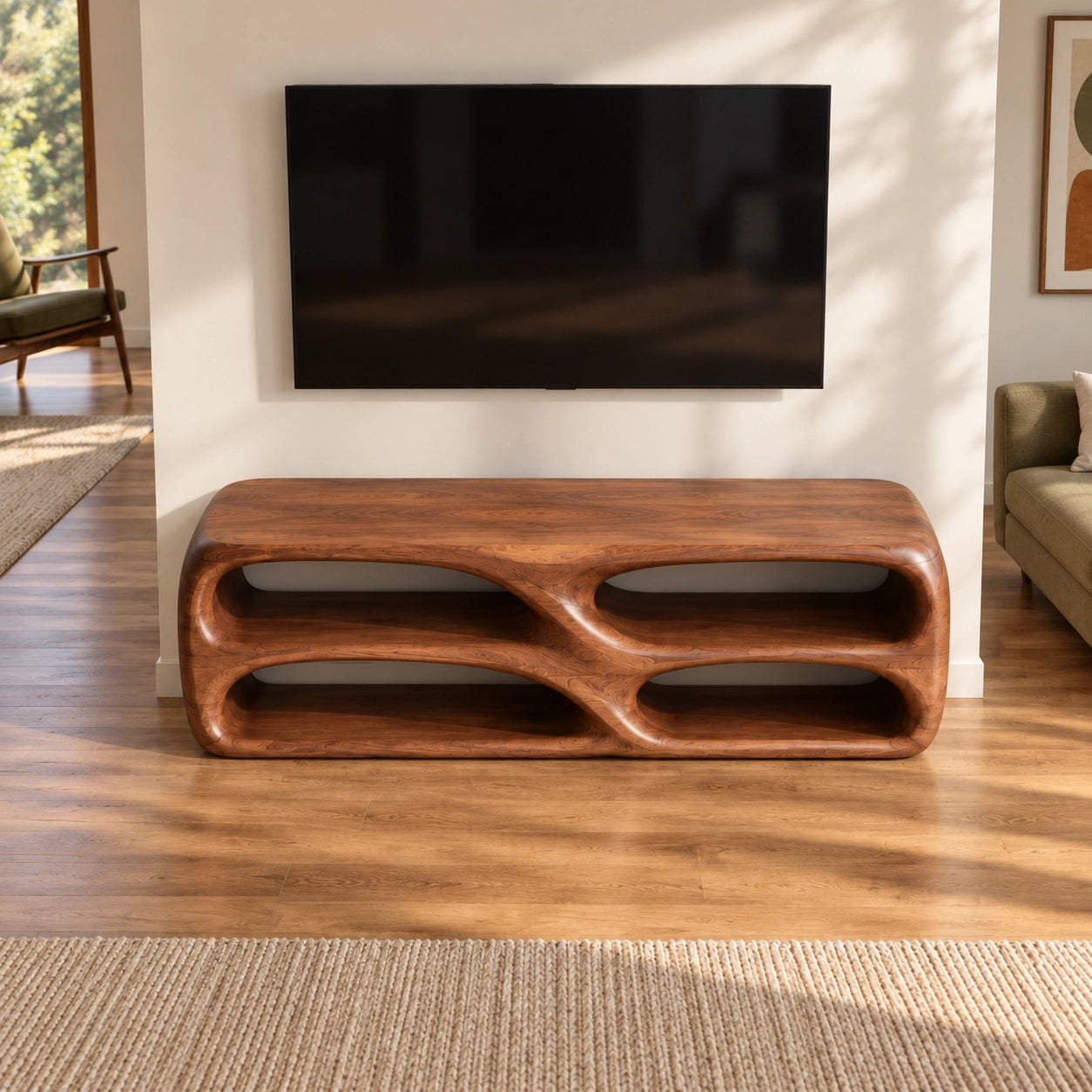 TV Stand with Biomorphic Oval Openings in Natural Solid Wood for Living - Woodenecho - 4