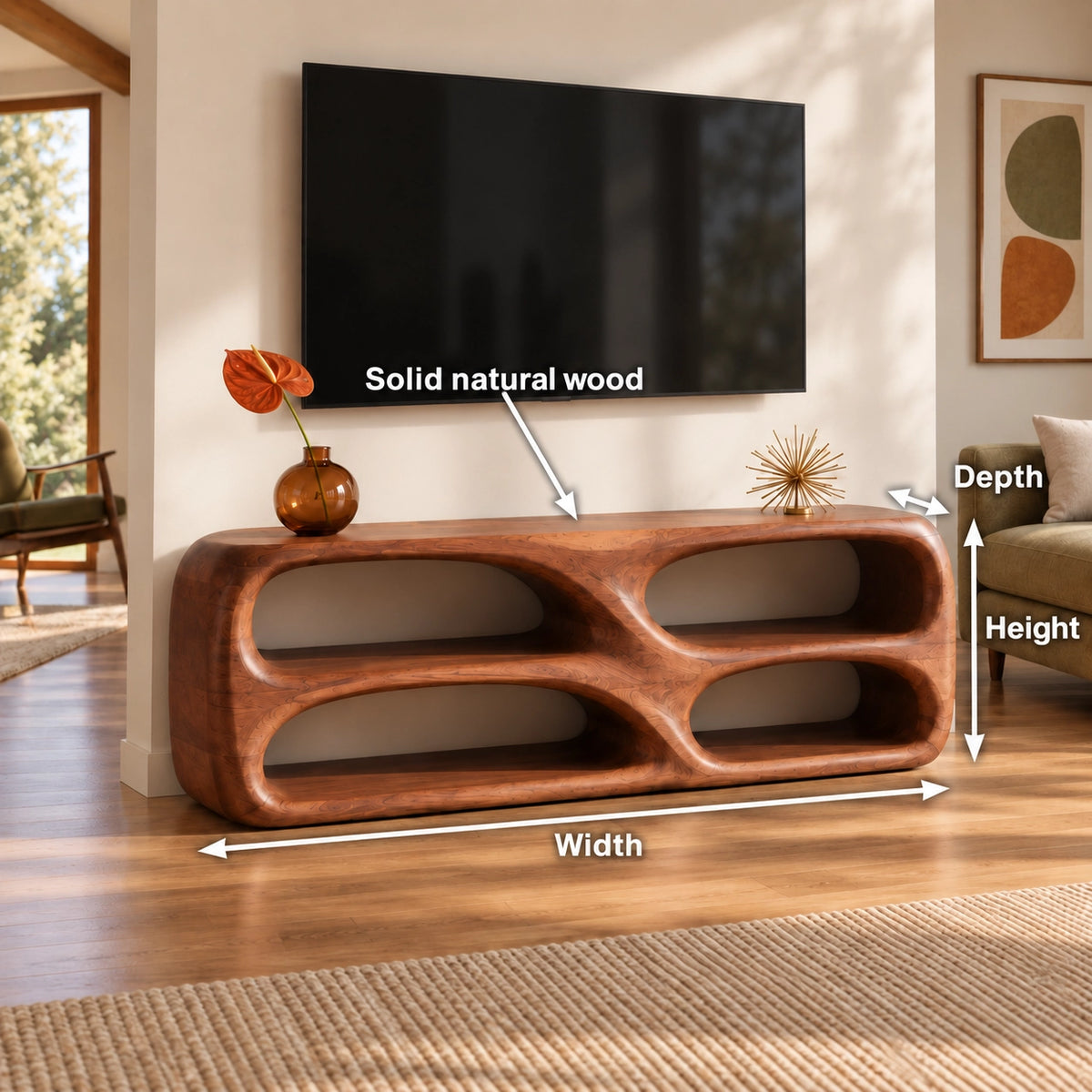 TV Stand with Biomorphic Oval Openings in Natural Solid Wood for Living - Woodenecho - 5