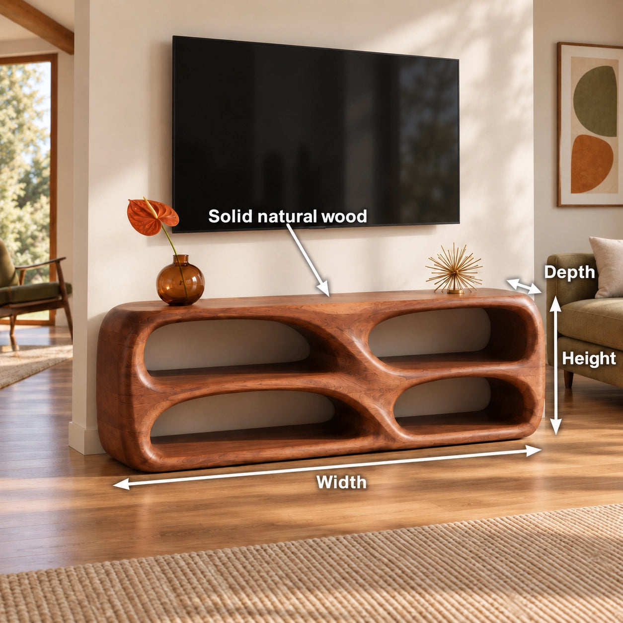 TV Stand with Biomorphic Oval Openings in Natural Solid Wood for Living - Woodenecho - 5