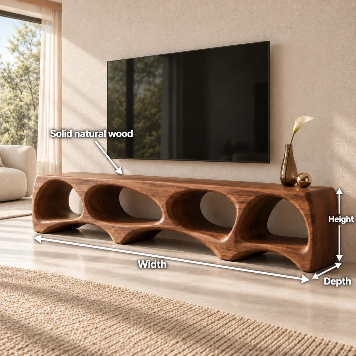 TV Stand with Biomorphic Oval Openings in Natural Solid Wood for Living - Woodenecho - 6