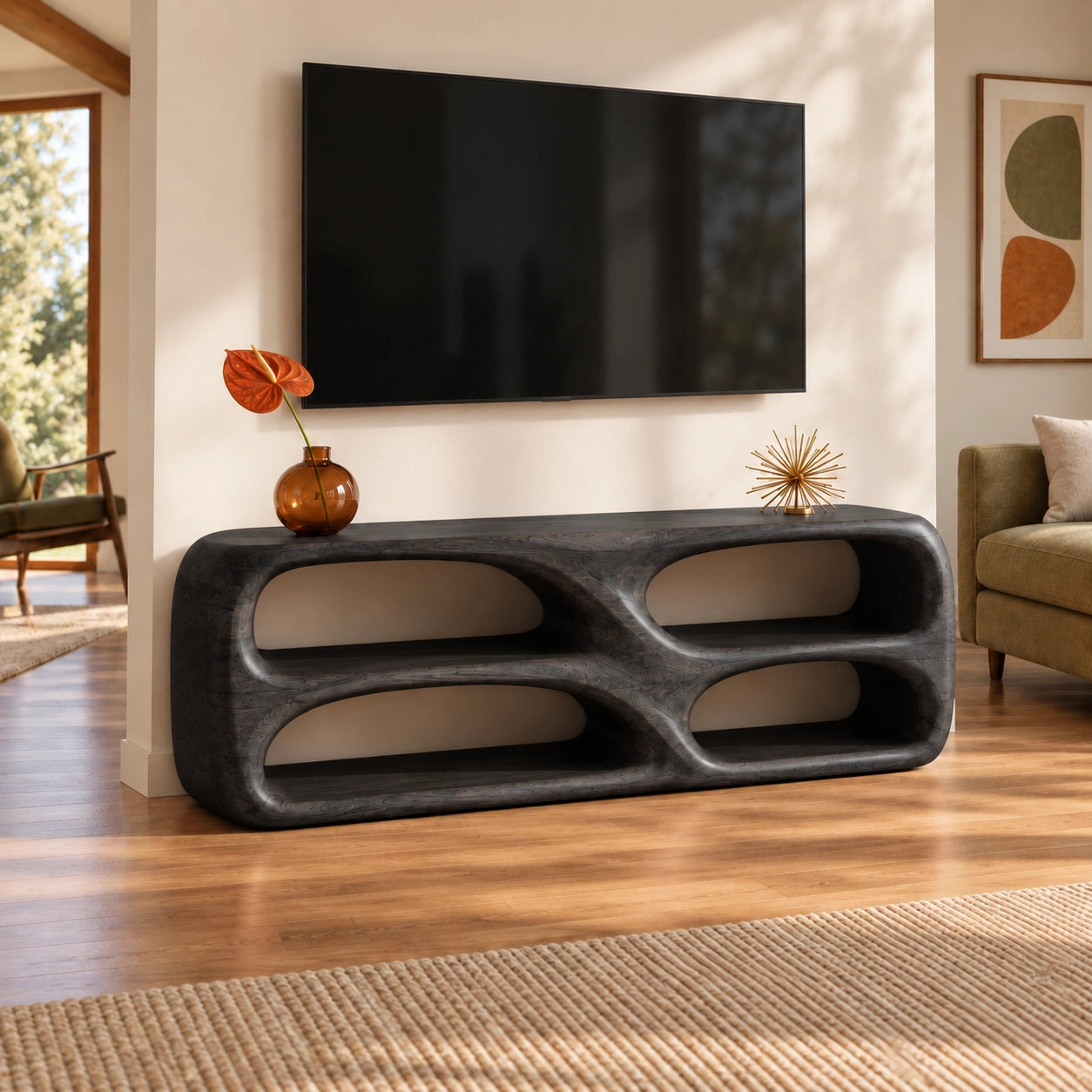 TV Stand with Biomorphic Oval Openings in Natural Solid Wood for Living - Woodenecho - 6