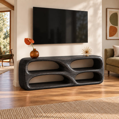 TV Stand with Biomorphic Oval Openings in Natural Solid Wood for Living - Woodenecho - 6