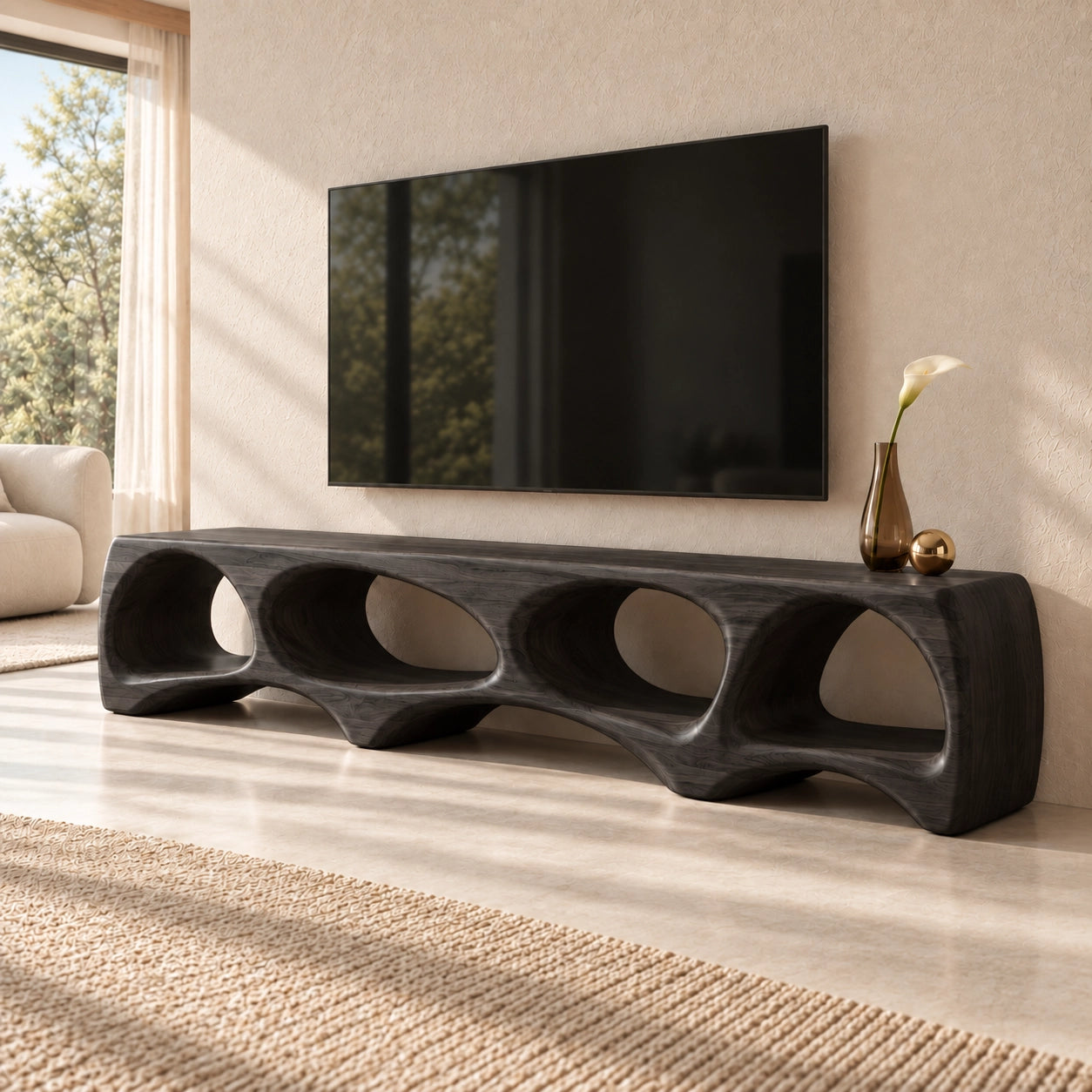 TV Stand with Biomorphic Oval Openings in Natural Solid Wood for Living - Woodenecho - 7