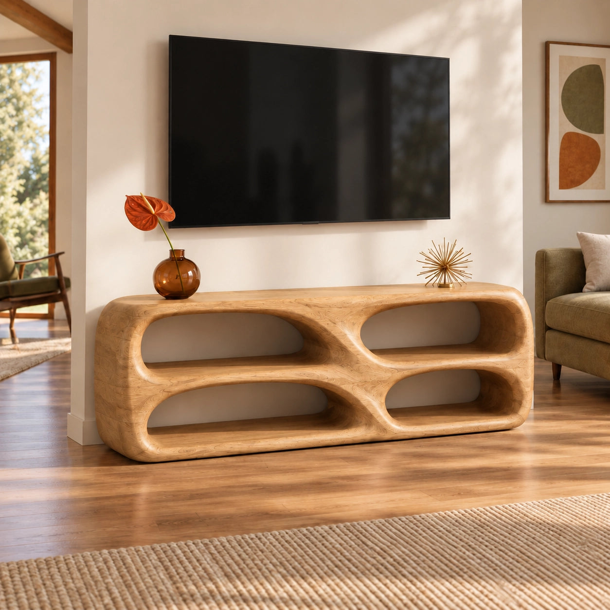 TV Stand with Biomorphic Oval Openings in Natural Solid Wood for Living - Woodenecho - 7