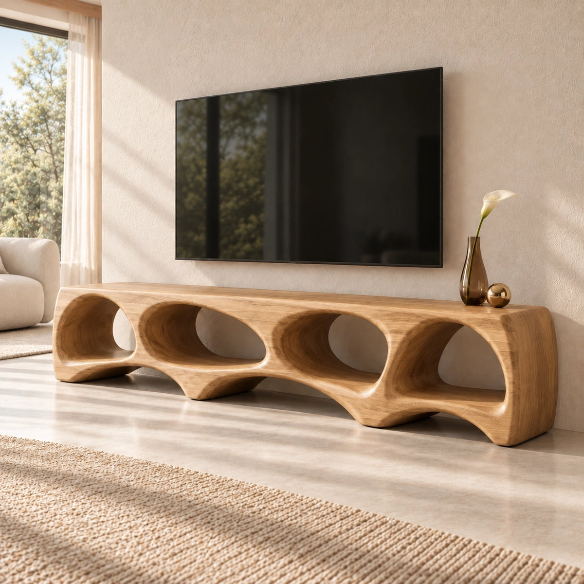 TV Stand with Biomorphic Oval Openings in Natural Solid Wood for Living - Woodenecho - 8
