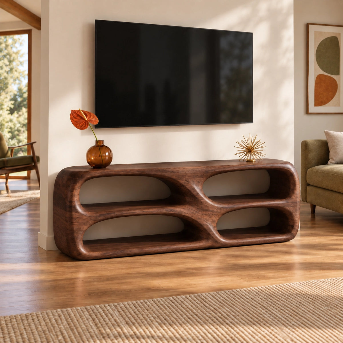 TV Stand with Biomorphic Oval Openings in Natural Solid Wood for Living - Woodenecho - 8