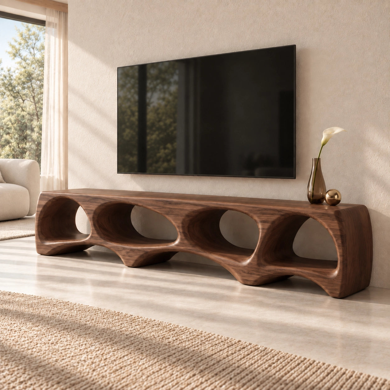 TV Stand with Biomorphic Oval Openings in Natural Solid Wood for Living - Woodenecho - 9