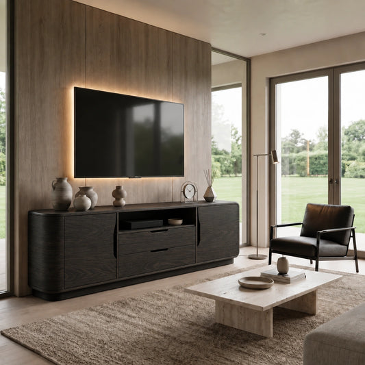 TV Stand with Curved Cabinet Storage and Drawers in Natural Solid Wood - Woodenecho - 6