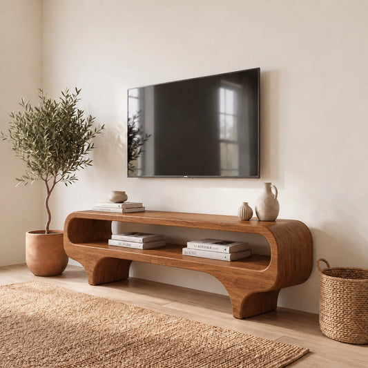 TV Stand with Curved Open Display Nooks in Natural Solid Wood for Living - Woodenecho - 6