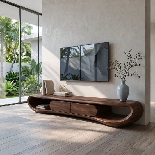 TV Stand with Curved Open Nooks and Drawer Storage in Natural Solid Wood - Woodenecho - 6