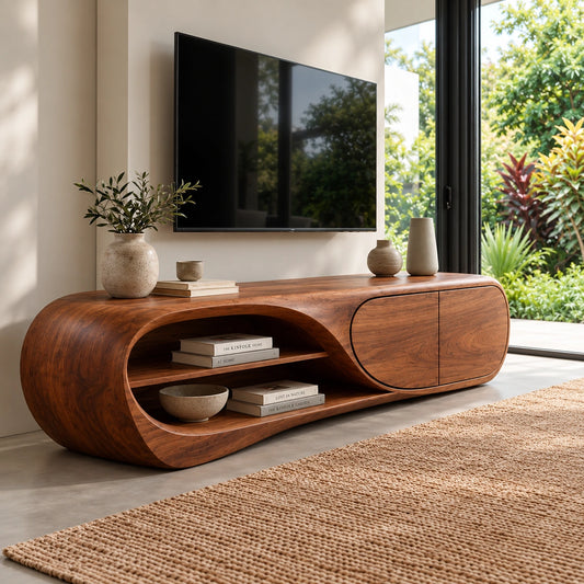 TV Stand with Curved Open Shelves in Natural Solid Wood for Living - Woodenecho - 1