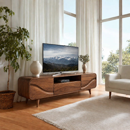 TV Stand with Curved Wave Storage Doors in Natural Solid Wood Design - Woodenecho - 6