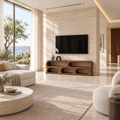 TV Stand with Five Curved Storage Openings in Natural Solid Wood. - Woodenecho - 2