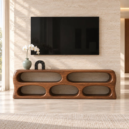 TV Stand with Five Curved Storage Openings in Natural Solid Wood. - Woodenecho - 3