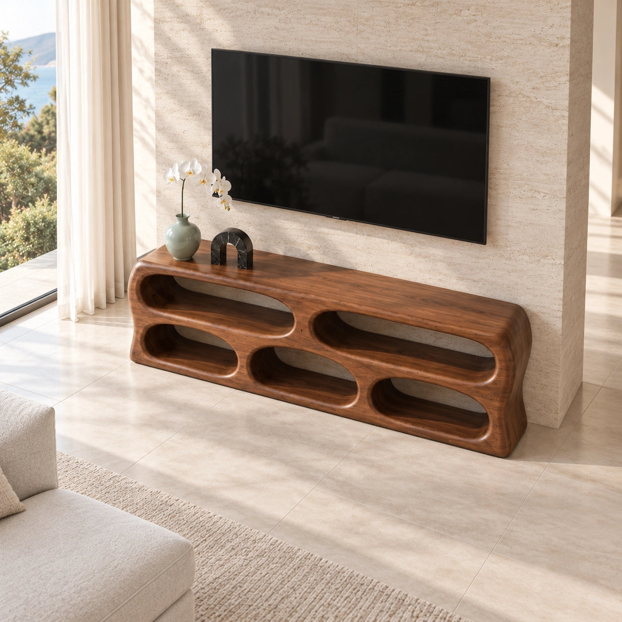 TV Stand with Five Curved Storage Openings in Natural Solid Wood. - Woodenecho - 4