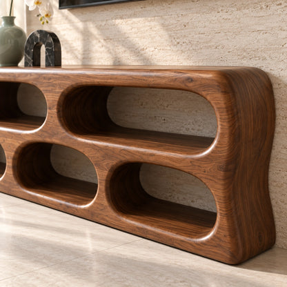 TV Stand with Five Curved Storage Openings in Natural Solid Wood. - Woodenecho - 5