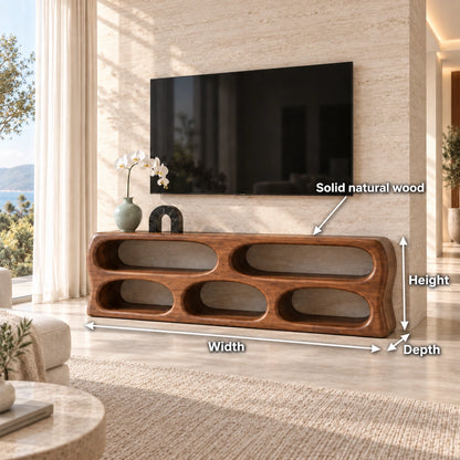 TV Stand with Five Curved Storage Openings in Natural Solid Wood. - Woodenecho - 6