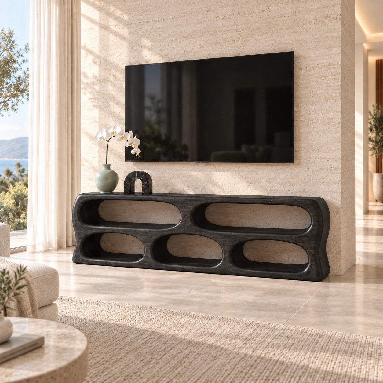 TV Stand with Five Curved Storage Openings in Natural Solid Wood. - Woodenecho - 7