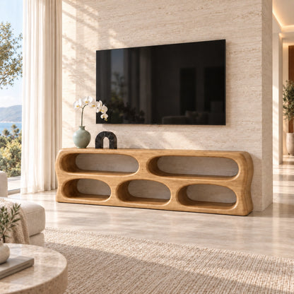 TV Stand with Five Curved Storage Openings in Natural Solid Wood. - Woodenecho - 8