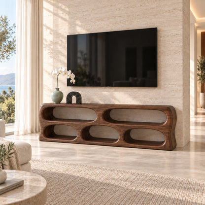 TV Stand with Five Curved Storage Openings in Natural Solid Wood. - Woodenecho - 9