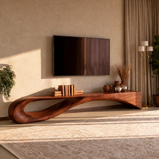 TV Stand with Flowing Sculptural Base in Natural Solid Wood Design - Woodenecho - 6