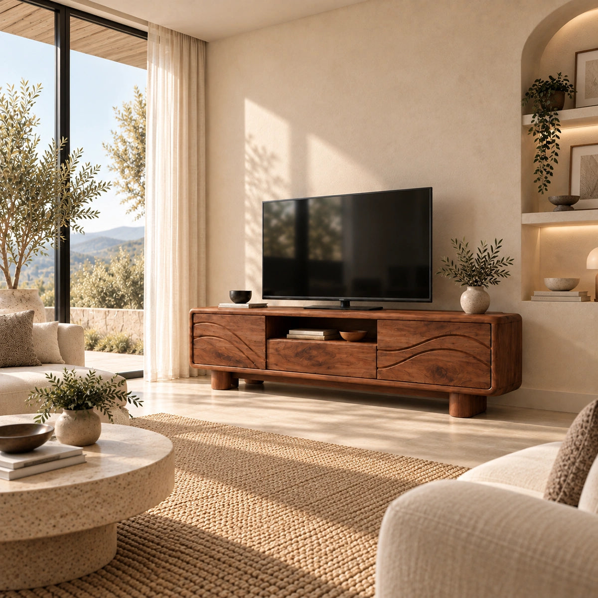 TV Stand with Flowing Wave Cabinet Doors and Center Display Nook Design - Woodenecho - 1