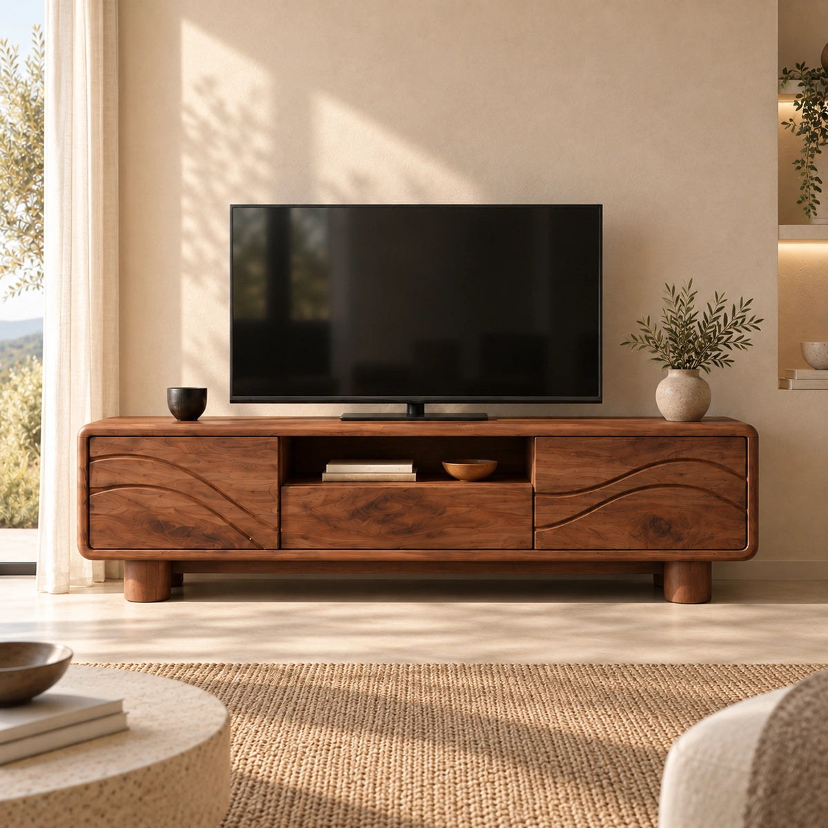 TV Stand with Flowing Wave Cabinet Doors and Center Display Nook Design - Woodenecho - 2