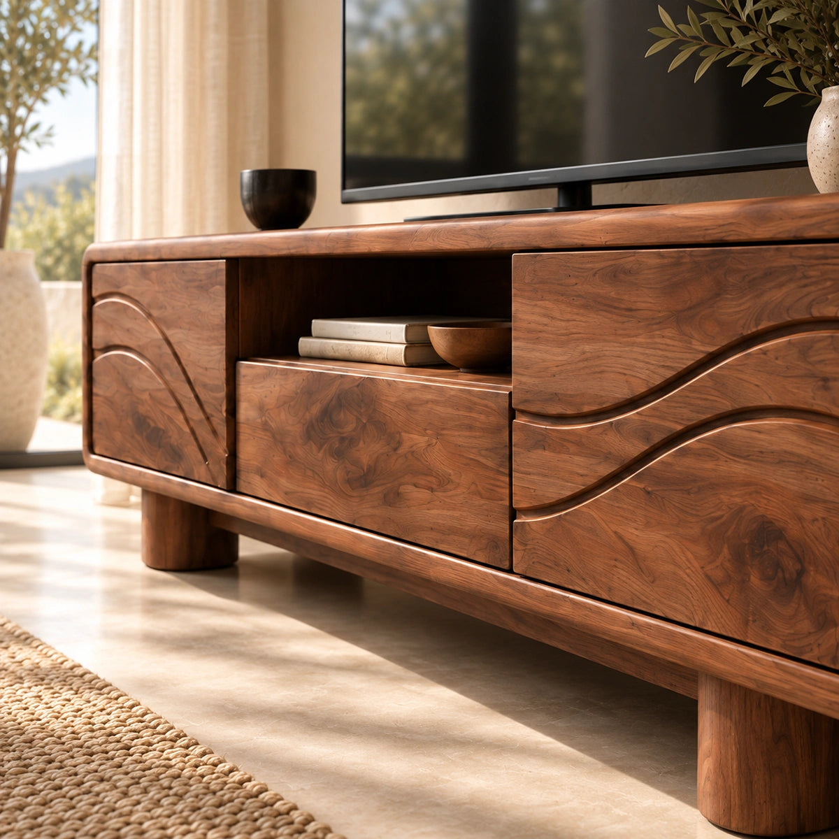 TV Stand with Flowing Wave Cabinet Doors and Center Display Nook Design - Woodenecho - 3