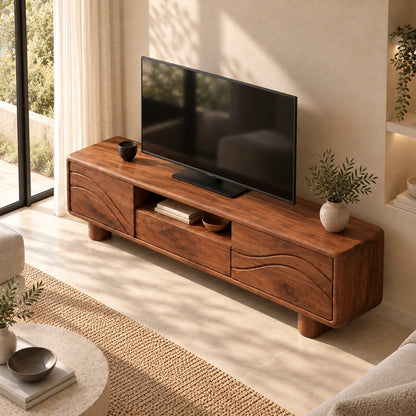 TV Stand with Flowing Wave Cabinet Doors and Center Display Nook Design - Woodenecho - 4