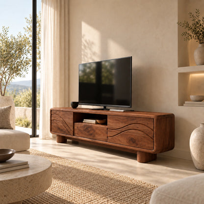 TV Stand with Flowing Wave Cabinet Doors and Center Display Nook Design - Woodenecho - 6