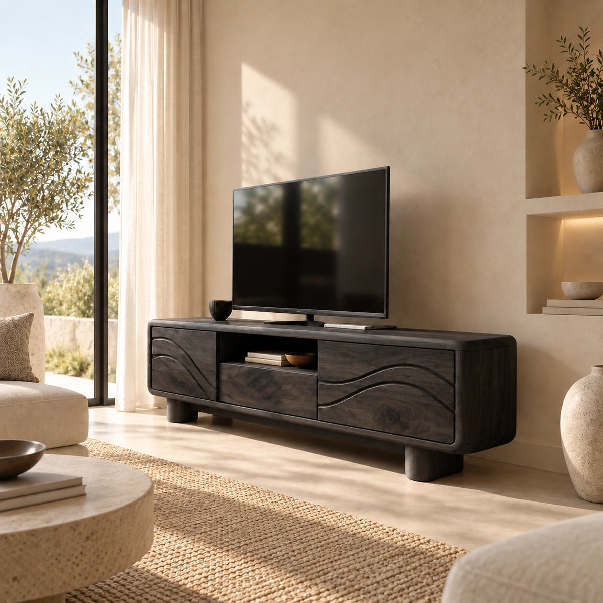 TV Stand with Flowing Wave Cabinet Doors and Center Display Nook Design - Woodenecho - 7
