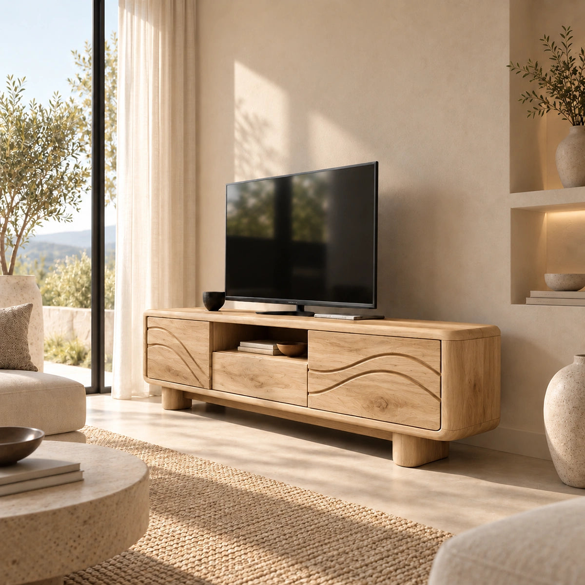 TV Stand with Flowing Wave Cabinet Doors and Center Display Nook Design - Woodenecho - 8