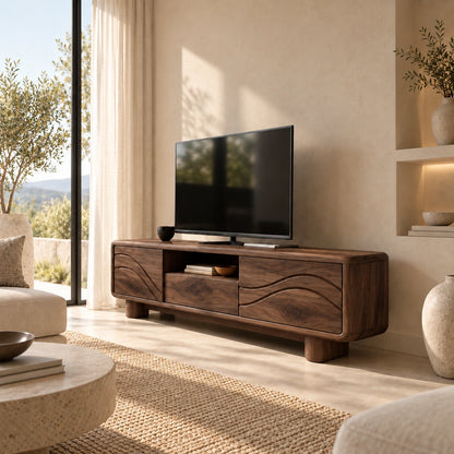 TV Stand with Flowing Wave Cabinet Doors and Center Display Nook Design - Woodenecho - 9