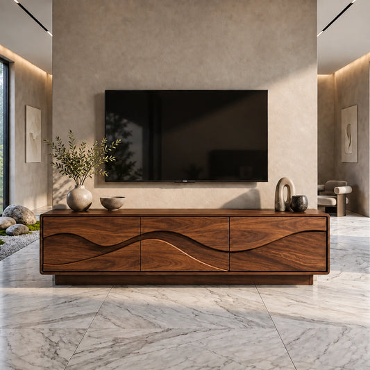 TV Stand with Flowing Wave Cabinet Doors in Natural Solid Wood Design - Woodenecho - 6
