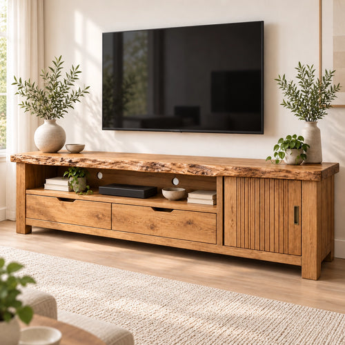 TV Stand with Fluted Cabinet Door and Storage Drawers in Natural Solid Wood - Woodenecho - 1