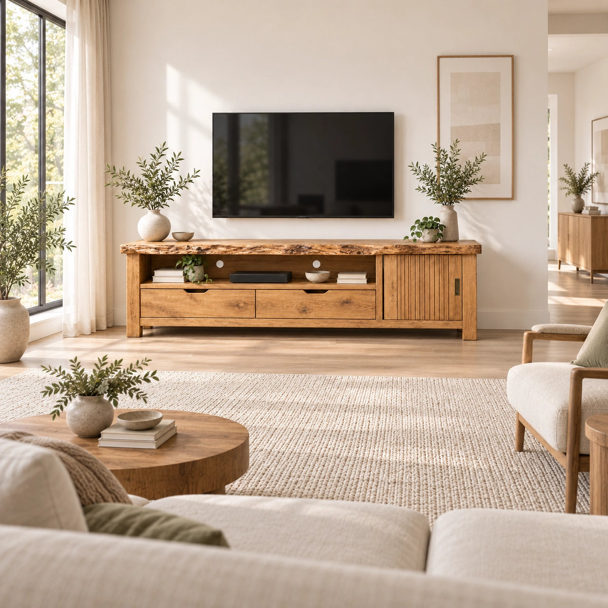 TV Stand with Fluted Cabinet Door and Storage Drawers in Natural Solid Wood - Woodenecho - 2