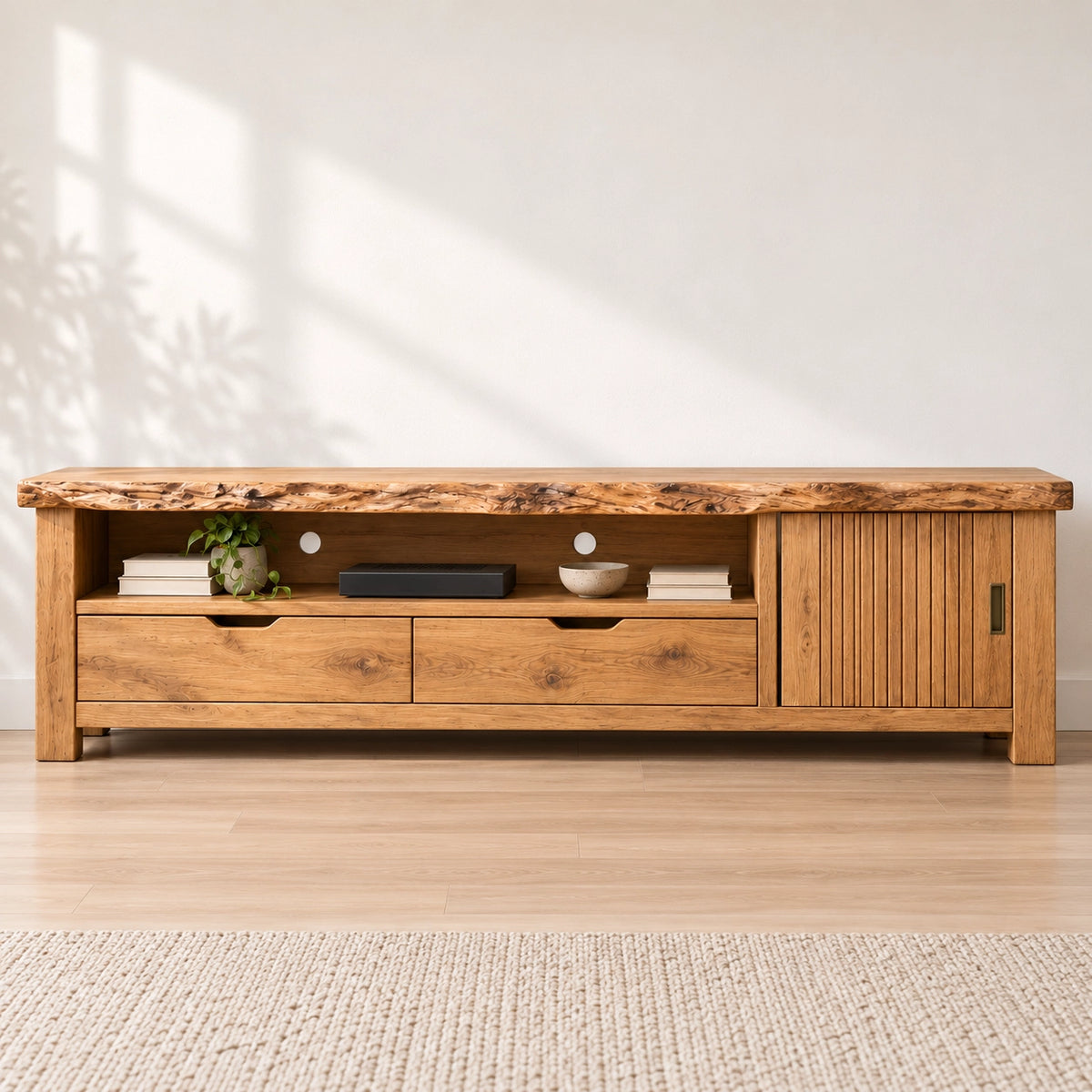TV Stand with Fluted Cabinet Door and Storage Drawers in Natural Solid Wood - Woodenecho - 3