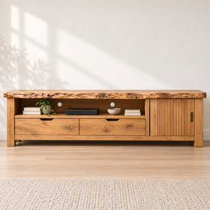 TV Stand with Fluted Cabinet Door and Storage Drawers in Natural Solid Wood - Woodenecho - 3