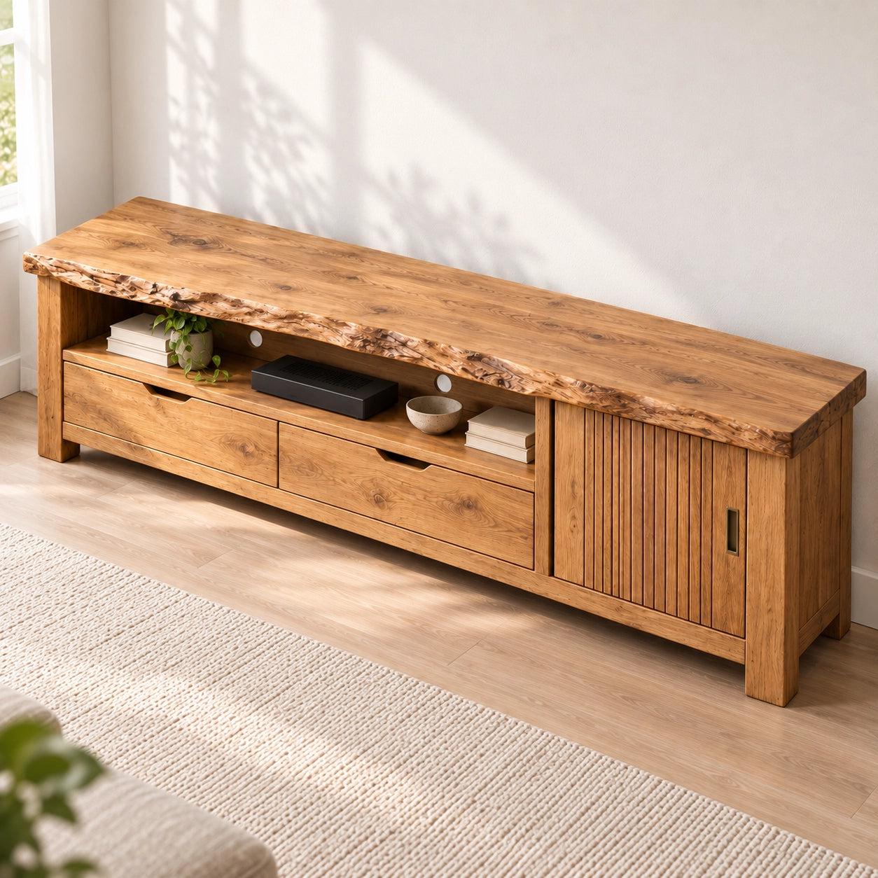TV Stand with Fluted Cabinet Door and Storage Drawers in Natural Solid Wood - Woodenecho - 4