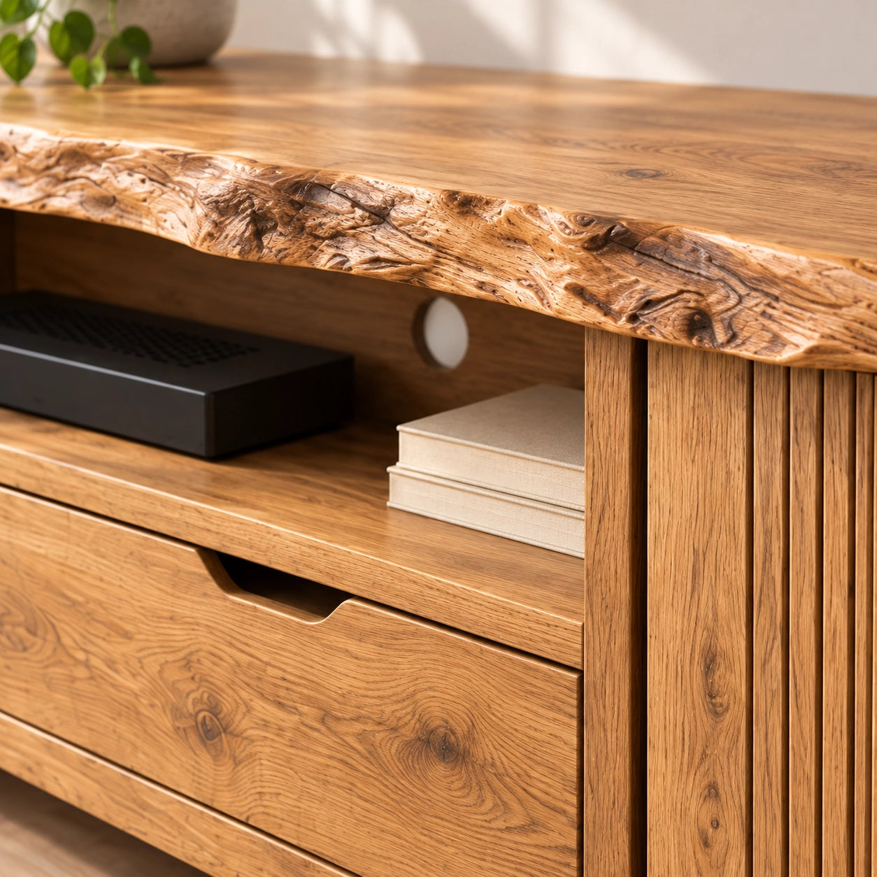 TV Stand with Fluted Cabinet Door and Storage Drawers in Natural Solid Wood - Woodenecho - 5