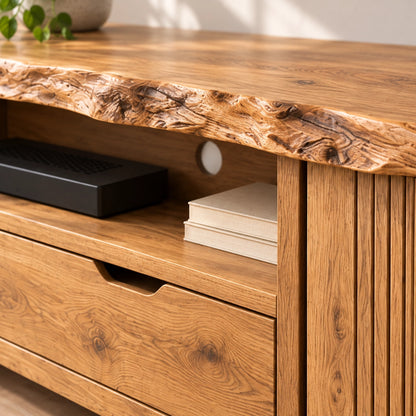 TV Stand with Fluted Cabinet Door and Storage Drawers in Natural Solid Wood - Woodenecho - 5