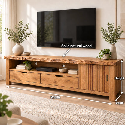 TV Stand with Fluted Cabinet Door and Storage Drawers in Natural Solid Wood - Woodenecho - 6
