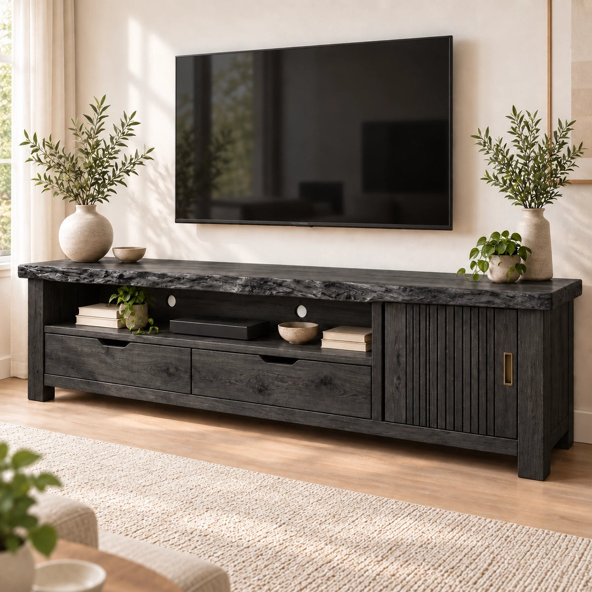 TV Stand with Fluted Cabinet Door and Storage Drawers in Natural Solid Wood - Woodenecho - 7